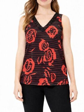 Halogen Floral Sleeveless Top Black Red Roses Print Blouse Size Large